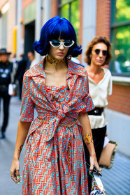 blue hair, choker, dyed hair, fendi, graphic dress, monogram, necklace, printed dress, red dress, sita abellan, sunglasses, street style, jonathan paciullo, FW, frenchystyle, fashion week, MFW, MILAN, SPRING SUMMER 2019, SS 19, vertical, atmosphere details, detail