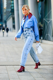 blue denim, blue shirt, bordeaux, burgundy, denim pants, earrings, high heels, jeans, leather bag, leather shoes, maison martin margiela, red boots, trousers, white bag, xenia adonts, fashion week, frenchystyle, FW, jonathan paciullo, street style, MFW, MILAN, AUTUMN WINTER 2019-2020, AW 19-20, FALL WINTER 2019-2020, FW 19-20, vertical, full length