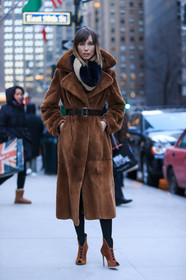 anya ziourova, AUTUMN WINTER 2016-2017, AW 16-17, belted coat, blue scarf, brown belt, brown boots, brown coat, brown fur, camel heels, fashion week, frenchystyle, full length, fur coat, fur collar, fur scarf, FW, FW 16-17, jonathan paciullo, leather belt, leather shoes, NEW YORK, NYFW, street style, suede shoes, vertical, woman