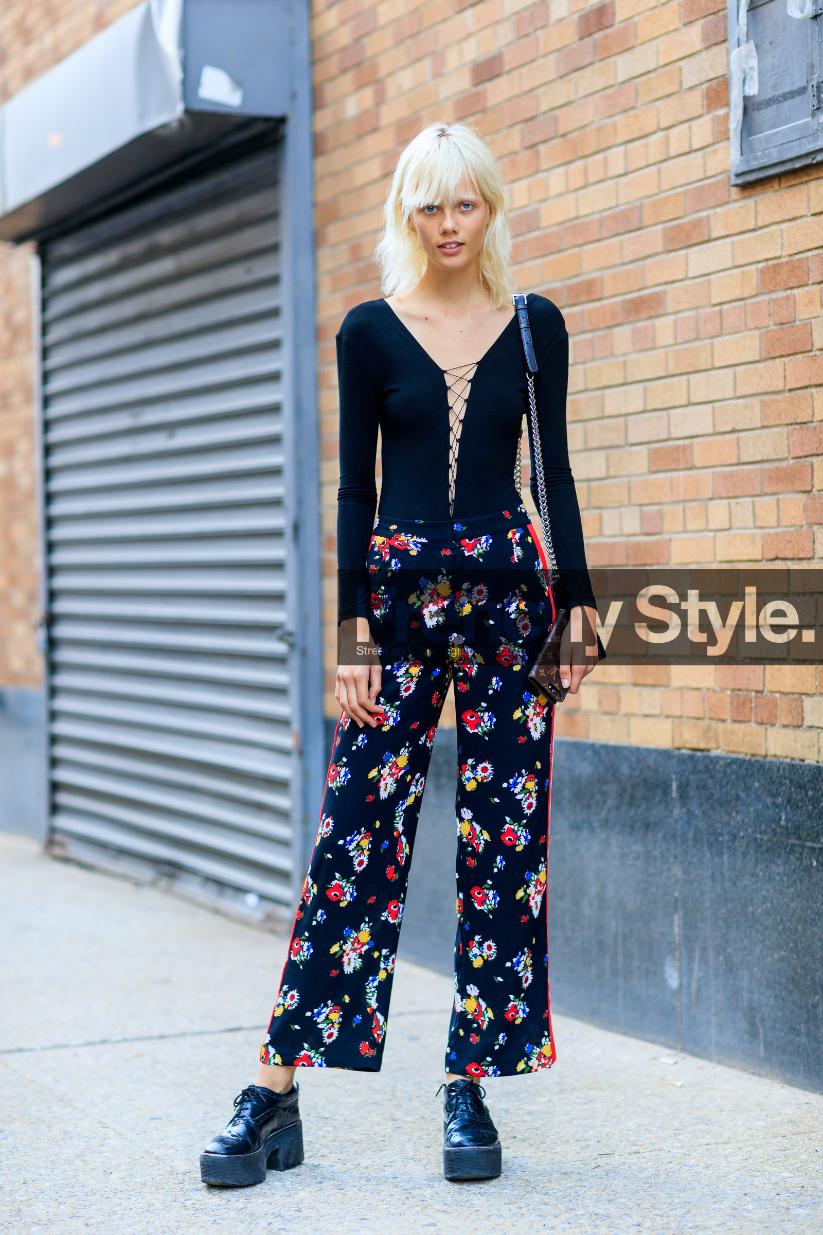 black pants, black shoes, black top, christian dior, fashion week, floral, flowers, frenchystyle, full length, FW, jonathan paciullo, marjan jonkman, model, NEW YORK, NYFW, printed pants, SPRING SUMMER 2018, SS 18, street style, trousers, vertical