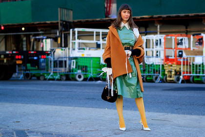beige shirt, black bag, black belt, christian dior, green dress, high heels, leather bag, leather belt, leather dress, leather shoes, orange coat, prada, thights, varnished leather shoes, white shoes, street style, jonathan paciullo, FW, frenchystyle, fashion week, NYFW, NEW YORK, AUTUMN WINTER 2018-2019, AW 18-19, FALL WINTER 2018-2019, FW 18-19, atmosphere details, horizontal, full length, thania peck
