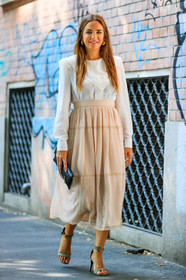 beige skirt, black bag, green shoes, high heels, laure heriard dubreuil, leather bag, leather shoes, white shirt, street style, jonathan paciullo, FW, frenchystyle, fashion week, MFW, MILAN, SPRING SUMMER 2019, SS 19, vertical, full length