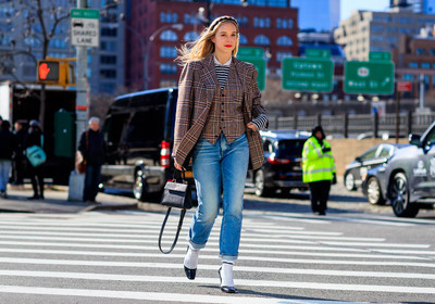 black bag, black shoes, blue denim, checked, checked jacket, denim pants, graphic jacket, high heels, jeans, leather bag, leather shoes, pink jacket, plaid, printed jacket, red lips, striped top, tartan, trousers, varnished leather shoes, vest, white socks, fashion week, frenchystyle, FW, jonathan paciullo, street style, NYFW, NEW YORK, AUTUMN WINTER 2018-2019, AW 18-19, FALL WINTER 2018-2019, FW 18-19, atmosphere details, horizontal, full length, chloe king