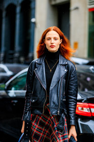 black jacket, black perfecto, black skirt, black turtleneck, checked, graphic skirt, leather jacket, leather perfecto, model, necklace, plaid, printed skirt, red lips, tartan, street style, jonathan paciullo, FW, frenchystyle, fashion week, NYFW, NEW YORK, SPRING SUMMER 2019, SS 19, vertical, detail, atmosphere details