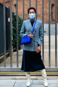 checked jacket, blue jacket, blue skirt, blue leather bag, crossbody bag, max mara bag, golden necklace, big chain necklace, mid long skirt, silk skirt, satin skirt, high boots, white leather boots, covid face mask, tamu mcpherson, street style, jonathan paciullo, FW, frenchystyle, fashion week, MFW, MILAN, SPRING SUMMER 2021, SS 21, vertical, full length