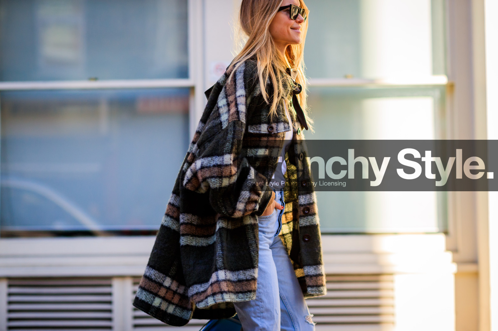 blue denim, checked, denim pants, graphic jacket, green jacket, jeans, plaid, printed jacket, sunglasses, trousers, fashion week, frenchystyle, FW, jonathan paciullo, street style, LFW, LONDON, AUTUMN WINTER 2018-2019, AW 18-19, FALL WINTER 2018-2019, FW 18-19, horizontal, atmosphere details, detail, pernille teisbaek