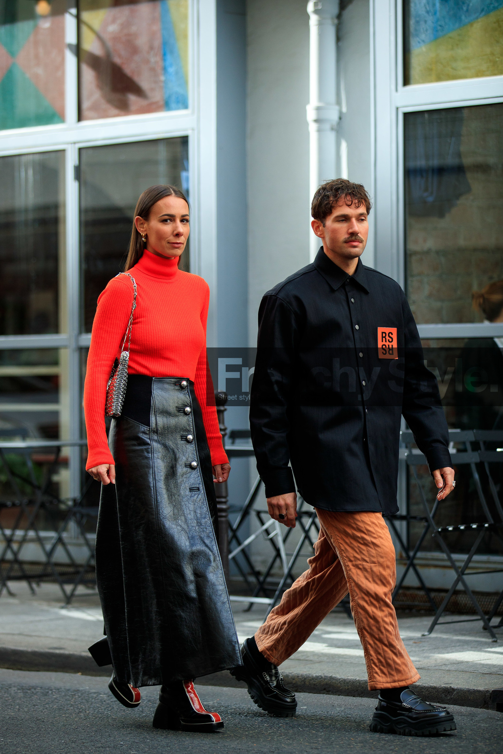 alice barbier, alice & j.s, JS roques, red pullover, turtleneck pullover, long skirt, button skirt, split skirt, polish skirt, black leather boots, black leather skirt, striped boots, red leather boots, nodaleto boots, low boots, silvered bag, metalic bag, shoulder bag, paco rabanne bag, paco rabanne skirt, PARIS, PFW, fashion week, frenchystyle, FW, jonathan paciullo, street style, SPRING SUMMER 2021, SS 21, vertical, full length