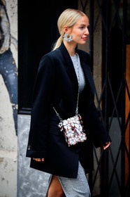 leonie hanne, silvered dress, tight dress, black jacket, paco rabanne bag, paco rabanne dress, crossbody bag, metalic bag, silvered bag, silvered chain strap bag, floral embroidered bag, plastic bag, strassed earrings, round shape earrings, big earrings, bag detail, earring cuff, earring detail, PARIS, PFW, fashion week, frenchystyle, FW, jonathan paciullo, street style, SPRING SUMMER 2021, SS 21, vertical, atmosphere details, detail