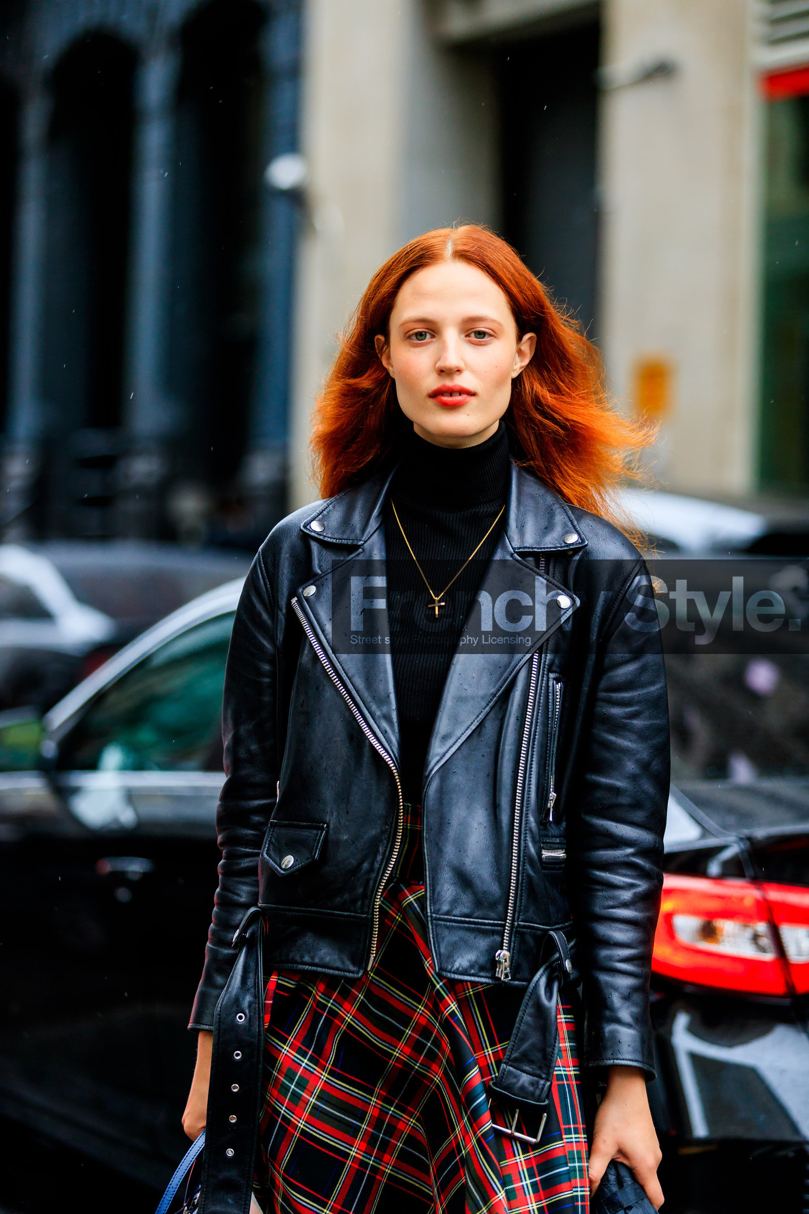 black jacket, black perfecto, black skirt, black turtleneck, checked, graphic skirt, leather jacket, leather perfecto, model, necklace, plaid, printed skirt, red lips, tartan, street style, jonathan paciullo, FW, frenchystyle, fashion week, NYFW, NEW YORK, SPRING SUMMER 2019, SS 19, vertical, detail, atmosphere details
