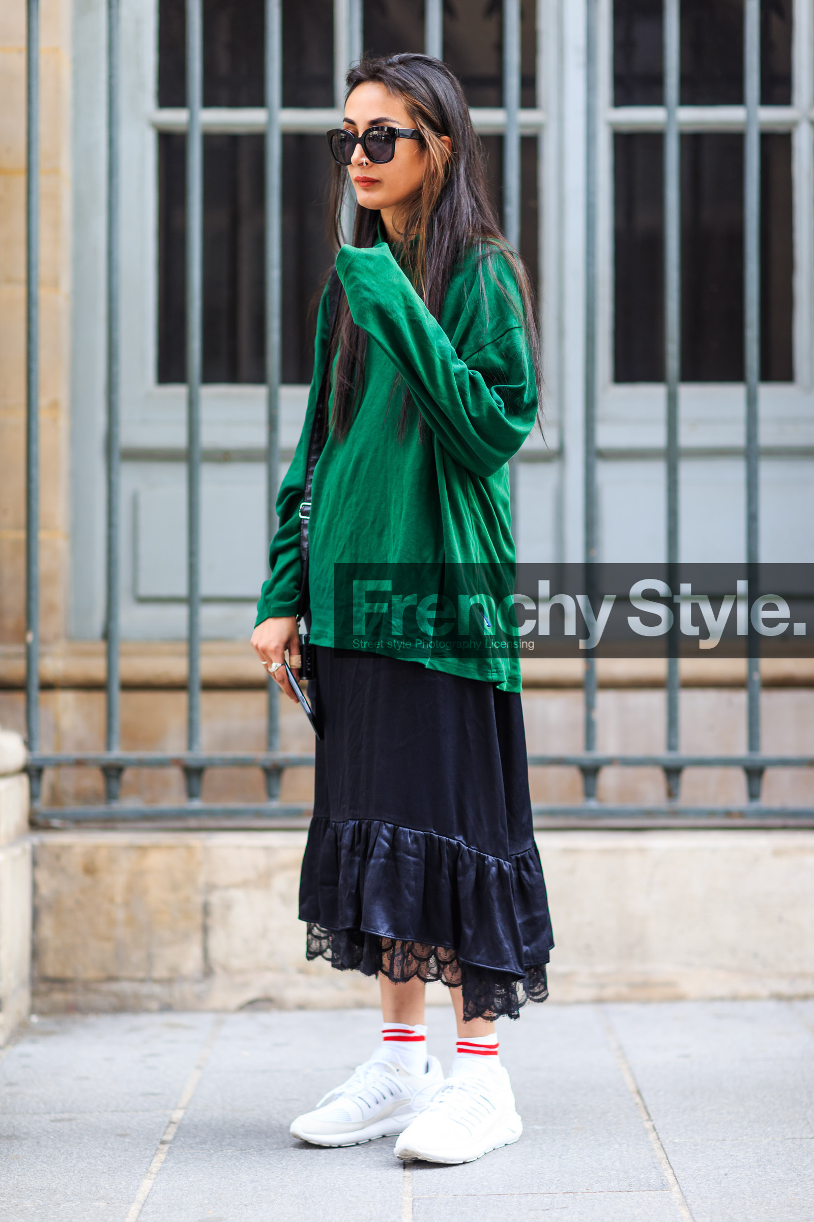 black skirt, fashion week, frenchystyle, full length, FW, green sweater, green top, jonathan paciullo, lace skirt, leather sneakers, MENSWEAR, nadia sarwar, oversize, PARIS, PFW, red lips, SPRING SUMMER 2017, SS 17, street style, sunglasses, vertical, white sneakers