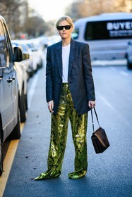 green pants, shiny pants, sequin pants, printed pants, sunglasses, black sunglasses, grey blazer, white tshirt, handbag, leather bag, linda tol, fashion week, frenchystyle, FW, jonathan paciullo, street style, vertical, full length