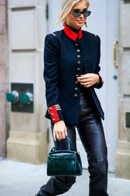 black jacket, black pants, green bag, leather bag, leather pants, ralph lauren, sunglasses, trousers, xenia adonts, frenchystyle, jonathan paciullo, street style, NYFW, NEW YORK, AUTUMN WINTER 2019-2020, AW 19-20, FALL WINTER 2019-2020, FW 19-20, fashion week, FW, vertical, atmosphere details, detail