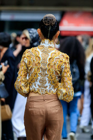 opens, openwork top, yellow top, long sleeves top, high collar top, back details, hair details, bun, plaited hair, fashion week, frenchystyle, FW, jonathan paciullo, street style, MFW, MILAN, SPRING SUMMER 2020, SS 20