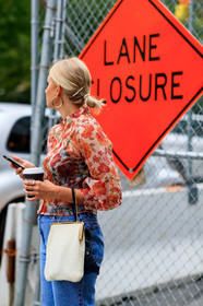 blue denim, denim pants, earrings, floral, flowers, jeans, printed shirt, red shirt, see through, trousers, white bag, fashion week, frenchystyle, FW, jonathan paciullo, street style, NEW YORK, NYFW, SPRING SUMMER 2020, SS 20, vertical, detail, atmosphere details