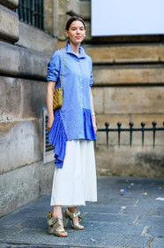 blue shirt, embroidered bag, fashion week, frenchystyle, full length, FW, gingham, gold bag, golden sandals, golden shoes, high heels, jonathan paciullo, leather bag, leather shoes, long skirt, PARIS, patchwork, PFW, ruffle, ruffled shirt, shiny bag, shiny shoes, SPRING SUMMER 2017, SS 17, street style, vertical, white skirt