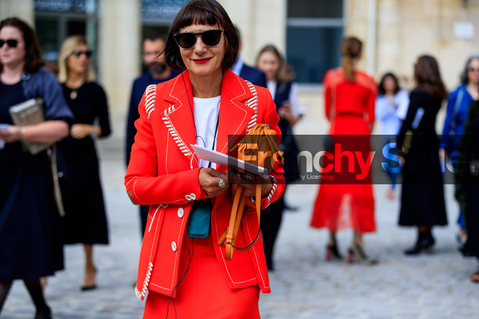atmosphere details, blazer, camel bag, detail, fashion week, frenchystyle, FW, graphic jacket, horizontal, jonathan paciullo, leather bag, PARIS, PFW, printed jacket, red jacket, red skirt, SPRING SUMMER 2018, SS 18, street style, sunglasses, white t shirt