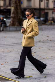 beige blazer, black boots, black pants, black sunglasses, blazer, earrings, flare pants, pants, santiags, smartphone, sunglasses, fashion week, frenchystyle, FW, jonathan paciullo, street style, PFW, PARIS, SPRING SUMMER 2022, SS 22, vertical, full length