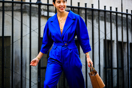 bettina looney, blue jumpsuit, brown bag, leather bag, necklace, trousers, fashion week, frenchystyle, FW, jonathan paciullo, street style, LFW, LONDON, SPRING SUMMER 2019, SS 19, atmosphere details, horizontal, detail