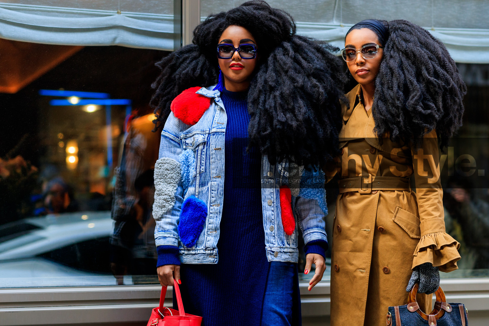 black bag, blue denim, blue dress, camel coat, denim pants, embroidered jacket, graphic jacket, jeans, knit dress, leather bag, patchwork, printed jacket, red bag, sunglasses, trench coat, trousers, street style, jonathan paciullo, FW, frenchystyle, fashion week, NYFW, NEW YORK, AUTUMN WINTER 2018-2019, AW 18-19, FALL WINTER 2018-2019, FW 18-19, atmosphere details, horizontal, detail, Cipriana And Takenya Quann