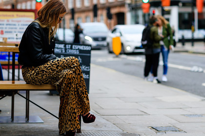 animal print, atmosphere details, black jacket, detail, fashion week, frenchystyle, FW, high heels, horizontal, jonathan paciullo, leather jacket, leather shoes, leopard print, LFW, LONDON, red shoes, SPRING SUMMER 2017, SS 17, street style, teddy jacket, trousers, velvet, woman