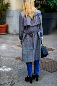 Annabel Rosendahl, AUTUMN WINTER 2017-2018, AW 17-18, black bag, black shoes, blue denim, checked coat, detail, FALL WINTER 2017-2018, fashion week, frenchystyle, FW, FW 17-18, graphic coat, grey coat, high heels, jeans, jonathan paciullo, leather bag, leather shoes, MFW, MILAN, plaid, printed coat, street style, trousers, vertical