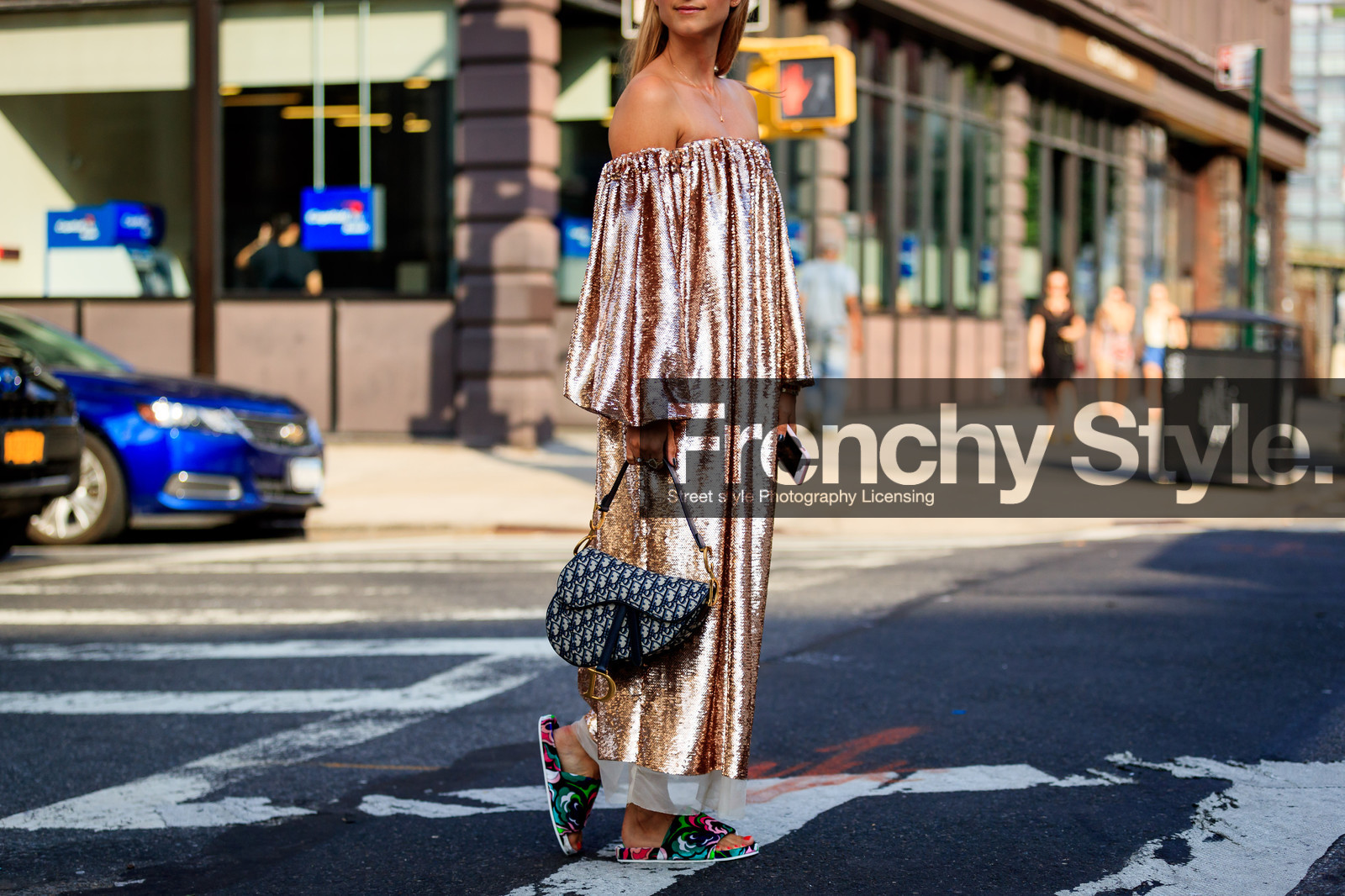 blue bag, Charlotte Groeneveld, christian dior, glitter, graphic bag, leather bag, leather shoes, long dress, monogram, multicolor shoes, off the shoulder, pink dress, printed bag, saddle bag, sequined dress, fashion week, frenchystyle, FW, jonathan paciullo, street style, NYFW, NEW YORK, SPRING SUMMER 2019, SS 19, atmosphere details, horizontal, detail