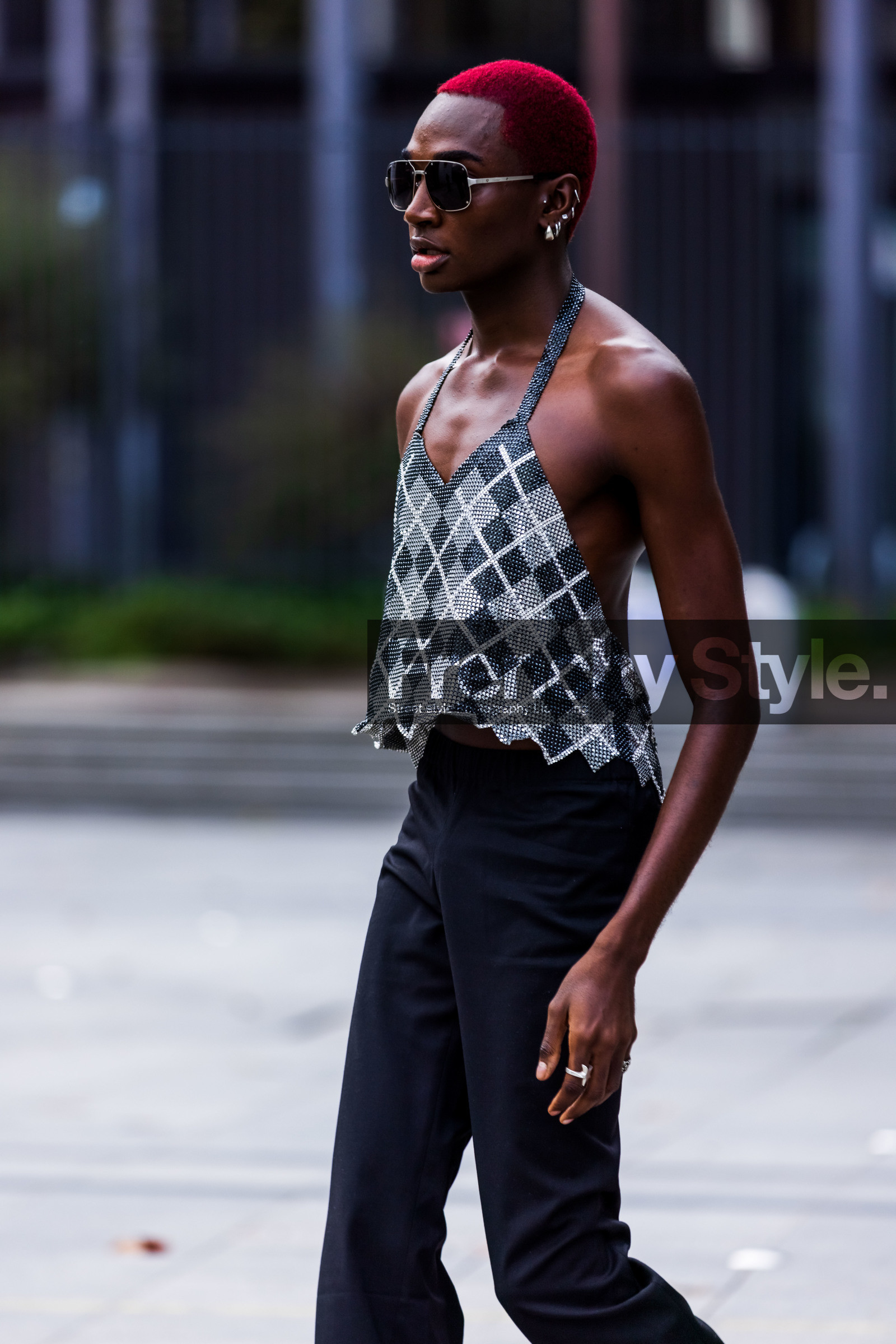 aviator sunglasses, bag, black pants, check, checked top, earrings, menswear, pants, printed top, Rickey Thompson, statement bag, strass, strassed top, sunglasses, tattoo, fashion week, frenchystyle, FW, jonathan paciullo, street style, PFW, PARIS, SPRING SUMMER 2022, SS 22, vertical, atmosphere details