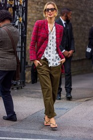 trousers, chino trousers, heeled sandals, heels, kaki, print, plaid blazer, shirt, white, red, crossbody bag, Bags, black, blazer, fashion week, frenchystyle, FW, jonathan paciullo, street style, SPRING SUMMER 2022, SS 22, LFW, LONDON, vertical, full length
