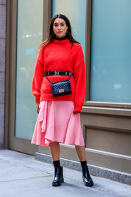 black bag, black belt, black boots, black shoes, chanel boy handbag, fanny pack, leather bag, leather belt, leather shoes, pink skirt, red sweater, street style, jonathan paciullo, FW, frenchystyle, fashion week, NYFW, NEW YORK, AUTUMN WINTER 2018-2019, AW 18-19, FALL WINTER 2018-2019, FW 18-19, vertical, full length