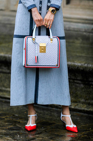 navy blue dress, striped dress, long dress, white dress, button dress, striped bag, box bag, white leather bag, white leather shoes, red leather shoes, red leather bag, navy blue leather bag, navy blue leather shoes, mary jane shoes, hand bag, golden watch, rolex watch, close up detail, bag detail, shoes detail, kitten heels shoes, thom browne bag, thom browne dress, thom browne look, thom browne shoes, fashion week, frenchystyle, FW, jonathan paciullo, street style, PFW, PARIS, vertical, atmosphere details, detail