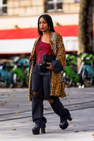 animal prints, bag, black bag, black boots, body, boots, camel coat, chanel bag, coat, denim, destroyed denim, grey denim, leopard coat, leopard print, plateforme boots, printed body, Rajni Lucienne Jacques, red body, zebra print, fashion week, frenchystyle, FW, jonathan paciullo, street style, PFW, PARIS, SPRING SUMMER 2022, SS 22, vertical, full length