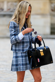 thom browne bag, navy blue jacket, navy blue skirt, grey jacket, grey skirt, checked jacket, checked skirt, mini skirt, pleated skirt, school girl look, black leather bag, thom browne jacket, thom browne look, thom browne skirt, thom browne socks, fashion week, frenchystyle, FW, jonathan paciullo, street style, PFW, PARIS, SPRING SUMMER 2020, SS 20, horizontal, atmosphere details, detail