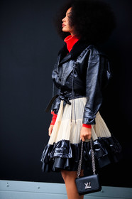 sharon alexie, black leather bag, black leather jacket, black leather skirt, nude skirt, ruffle skirt, tulle skirt, fur coat, fur collar coat, laced coat, red pullover, turtleneck pullover, louis vuitton bag, louis vuitton coat, louis vuitton skirt, louis vuitton total look, PARIS, PFW, fashion week, frenchystyle, FW, jonathan paciullo, street style, SPRING SUMMER 2021, SS 21, vertical, atmosphere details, detail