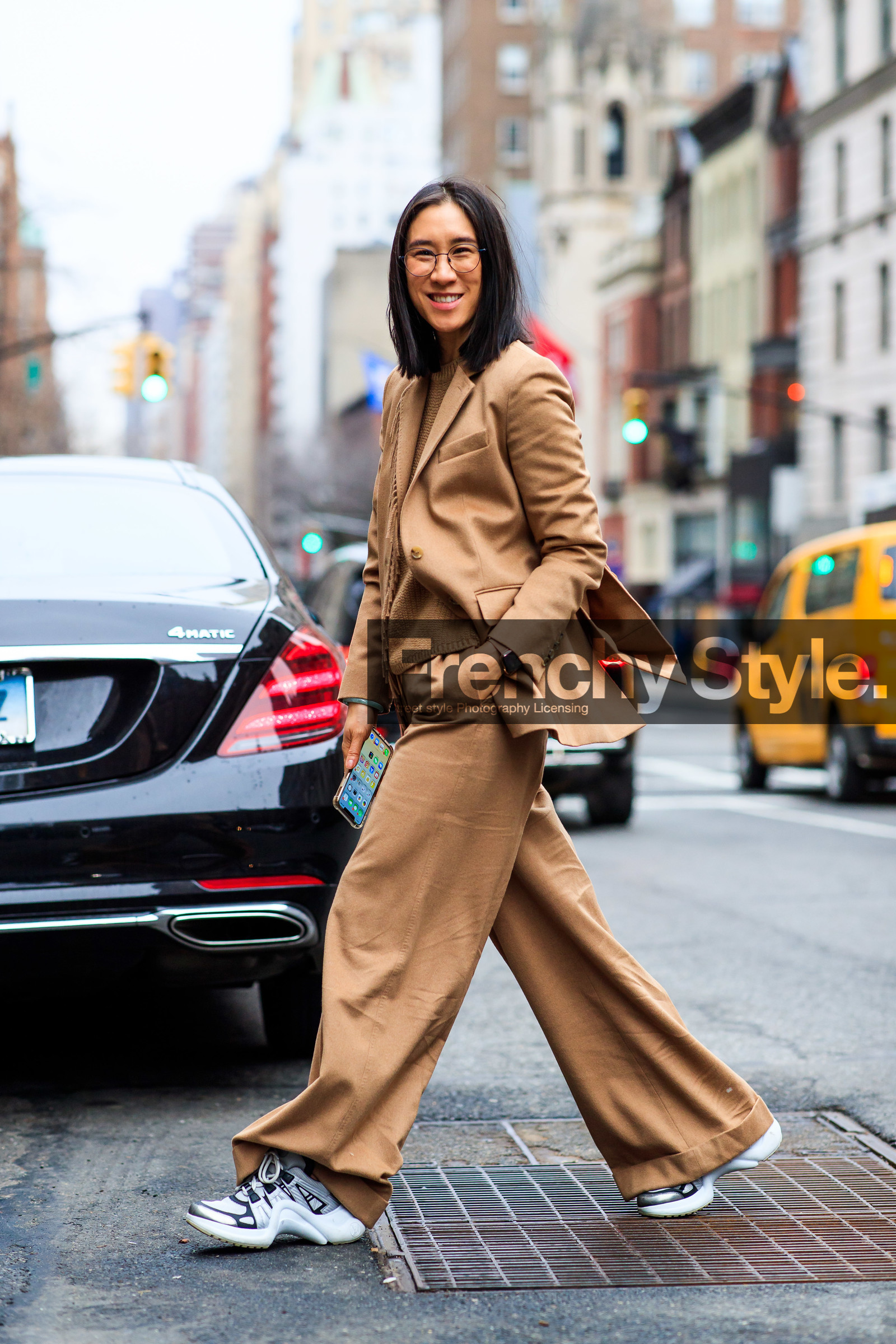 camel jacket, camel pants, eva chen, leather shoes, louis vuitton, max mara, trousers, white sneakers, frenchystyle, jonathan paciullo, street style, NYFW, NEW YORK, AUTUMN WINTER 2019-2020, AW 19-20, FALL WINTER 2019-2020, FW 19-20, fashion week, FW, vertical, full length