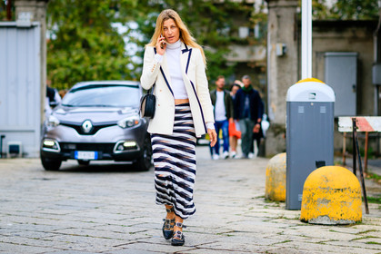 ada kokosar, atmosphere details, ballerinas, black and white, black bag, black shoes, blazer, fashion week, frenchystyle, full length, FW, geometric, graphic skirt, horizontal, jonathan paciullo, leather bag, leather shoes, MFW, MILAN, printed skirt, SPRING SUMMER 2017, SS 17, street style, striped skirt, stripes, turtleneck sweater, white jacket, white sweater