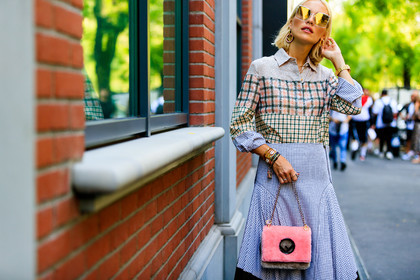 bracelet, checked, earrings, fendi, graphic shirt, grey skirt, leather bag, pink bag, pink shirt, plaid, pleated skirt, printed shirt, sequined shirt, sunglasses, tucked in, viktoria rader, street style, jonathan paciullo, FW, frenchystyle, fashion week, MFW, MILAN, SPRING SUMMER 2019, SS 19, atmosphere details, horizontal, detail