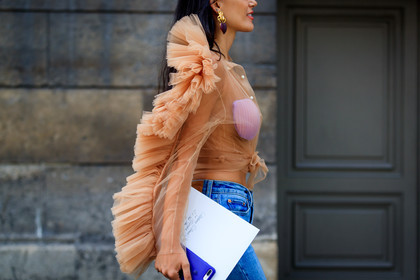 blue denim, denim pants, earrings, jeans, levis, maison martin margiela, nude top, ruffles, see through, trousers, tulle, PFW, fashion week, frenchystyle, FW, jonathan paciullo, street style, PARIS, horizontal, atmosphere details, detail, AUTUMN WINTER 2018-2019, FALL WINTER 2018-2019, FW 18-19