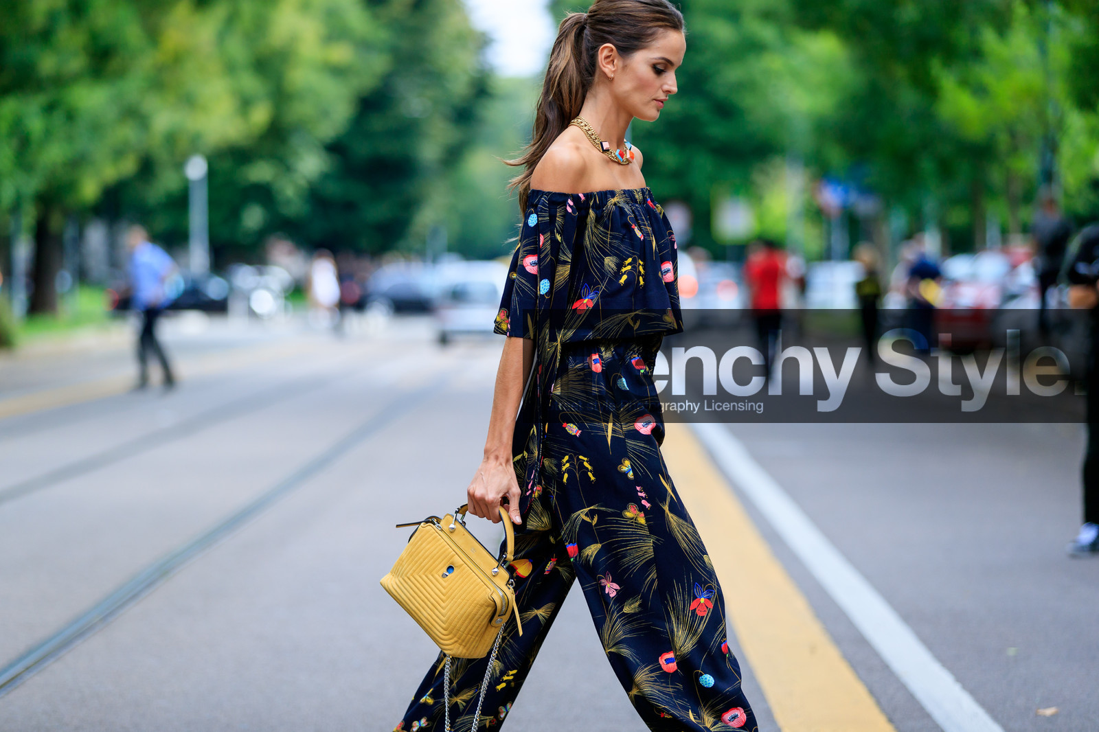atmosphere details, black jumpsuit, detail, fashion week, floral, flower, frenchystyle, FW, horizontal, izabel goulart, jonathan paciullo, leather bag, MFW, MILAN, model, necklace, off the shoulder, printed jumpsuit, SPRING SUMMER 2017, SS 17, street style, trousers, yellow bag