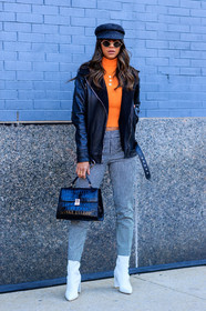 black bag, black hat, black jacket, checked pants, gingham, graphic pants, high heels, leather bag, leather jacket, leather shoes, orange sweater, printed pants, shearling, sunglasses, trousers, white boots, street style, jonathan paciullo, FW, frenchystyle, fashion week, NYFW, NEW YORK, AUTUMN WINTER 2018-2019, AW 18-19, FALL WINTER 2018-2019, FW 18-19, vertical, full length