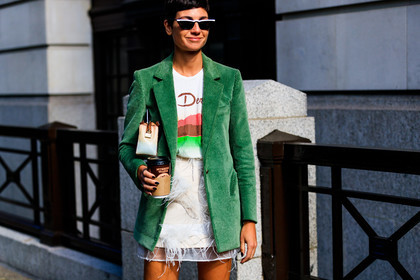 beige bag, blazer, corduroy, embroidered skirt, eva geraldine fontanelli, feathers, green jacket, leather bag, printed t shirt, sunglasses, white skirt, white t shirt, fashion week, frenchystyle, FW, jonathan paciullo, street style, LFW, LONDON, SPRING SUMMER 2019, SS 19, atmosphere details, horizontal, detail