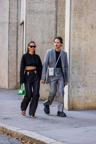 Alice Barbier, bag, black crop top, black derbies, black jacket, black pants, black sandals, black sunglasses, black t-shirt, blazer, couple, crop jacket, crop top, crossbody bag, cut out, derbies, duo, green bag, grey bag, grey blazer, grey pants, grey suit, high waist pants, Jean-Sebastien Roques, leather bag, menswear, sunglasses, street style, jonathan paciullo, FW, frenchystyle, fashion week, PFW, PARIS, SPRING SUMMER 2022, SS 22, vertical, full length