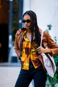 black denim, black jean, black sunglasses, braid, brown jacket, camel jacket, check, checked shirt, color, denim, jacket, jean, leather jacket, print, printed shirt, sunglasses, tote bag, yellow shirt, fashion week, frenchystyle, FW, jonathan paciullo, street style, PFW, PARIS, SPRING SUMMER 2022, SS 22, vertical, atmosphere details, model