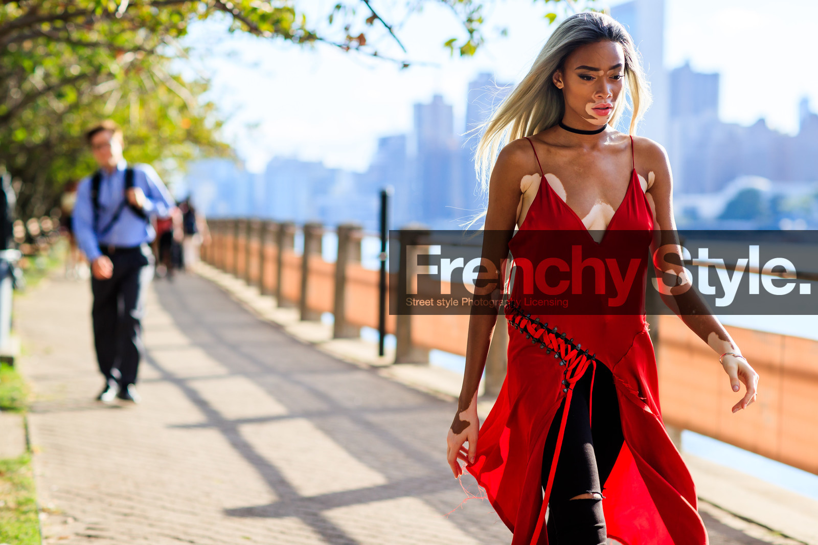 atmosphere details, black denim, choker, denim pants, detail, fashion week, frenchystyle, FW, horizontal, iphone, jeans, jonathan paciullo, NEW YORK, NYFW, red dress, ripped pants, SPRING SUMMER 2017, SS 17, street style, trousers, winnie harlow, woman