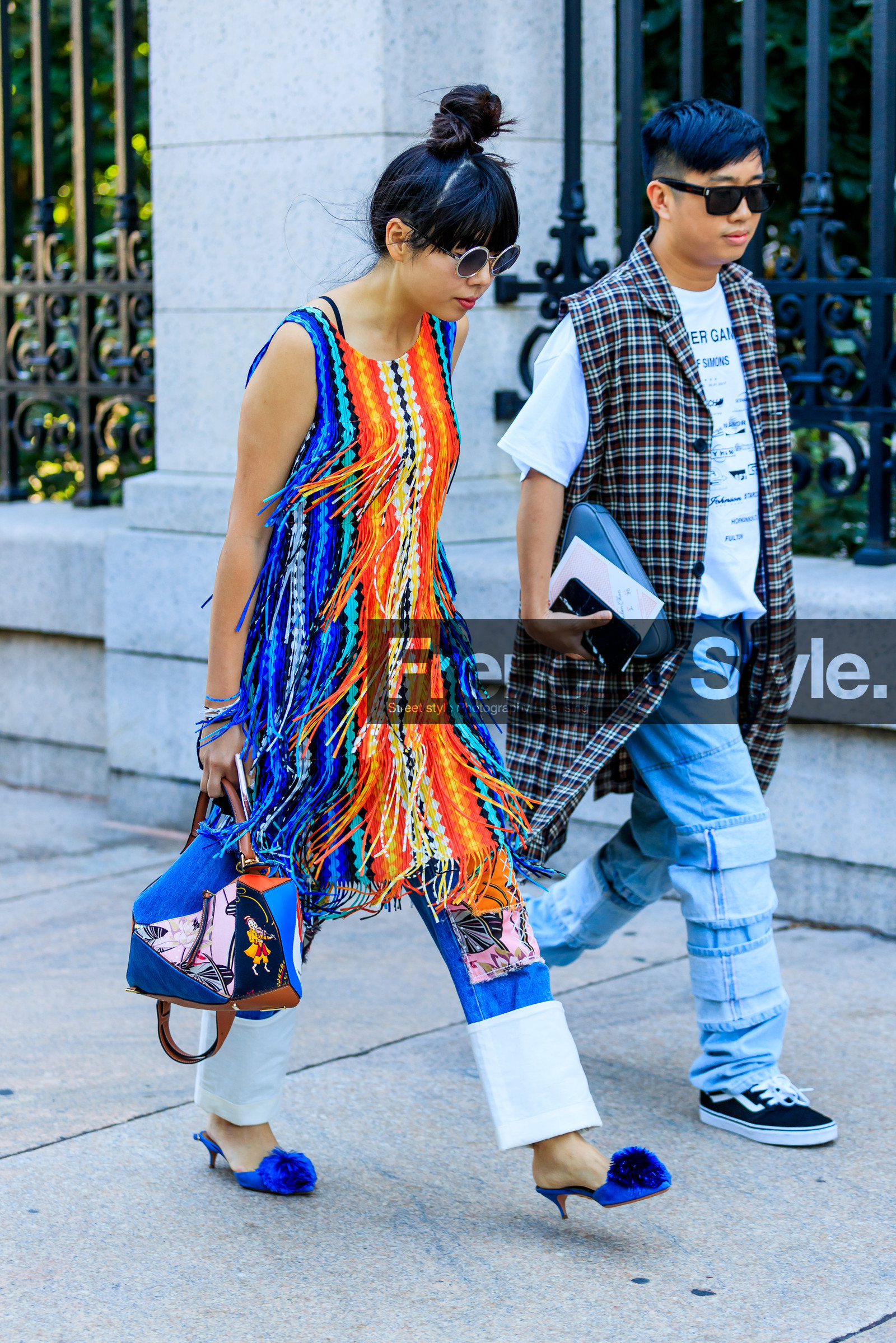 blue denim, blue shoes, declan chan, denim pants, fashion week, frenchystyle, fringes, full length, fur shoes, FW, graphic dress, high heels, jeans, jonathan paciullo, leather bag, leather shoes, loewe, mules, multicolor bag, multicolor dress, NEW YORK, NYFW, patchwork, printed bag, SPRING SUMMER 2018, SS 18, street style, sunglasses, susie lau, trousers, vertical