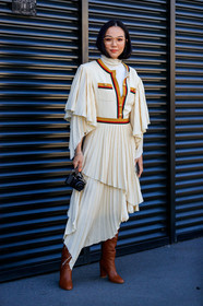 asymetric, black bag, brown boots, camera, gucci, high boots, high heels, leather bag, leather shoes, pleats, white dress, yoyo cao, fashion week, frenchystyle, FW, jonathan paciullo, street style, MFW, MILAN, AUTUMN WINTER 2019-2020, AW 19-20, FALL WINTER 2019-2020, FW 19-20, vertical, full length