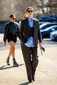 dandy look, sunglasses, brown suit, blue shirt, buttoned vest, caroline issa, fashion week, frenchystyle, FW, jonathan paciullo, street style, vertical, full length