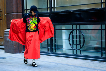 black cap, black sandals, black shoes, black sweater, graphic sweater, hoodie, leather shoes, printed sweater, red jacket, red skirt, white socks, fashion week, frenchystyle, FW, jonathan paciullo, street style, LFW, LONDON, AUTUMN WINTER 2019-2020, AW 19-20, FW 19-20, FALL WINTER 2019-2020, horizontal, atmosphere details, full length