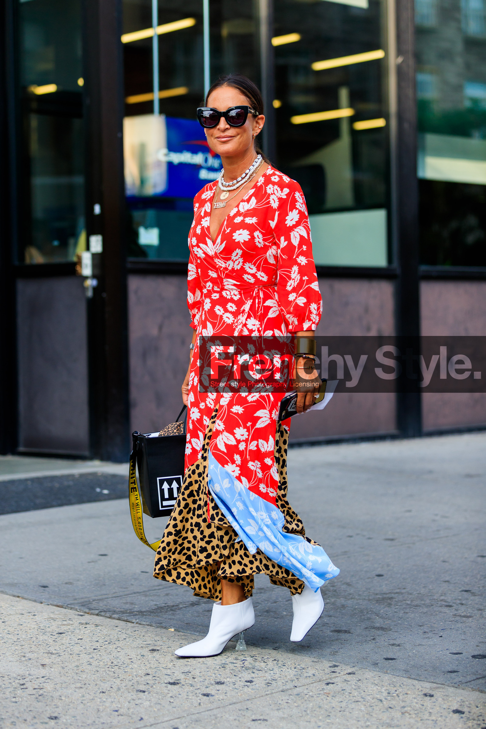 animal print, black bag, floral, flowers, graphic bag, graphic dress, high heels, leather bag, leather shoes, leopard, multicolor dress, necklace, off white, printed bag, printed dress, sunglasses, white boots, fashion week, frenchystyle, FW, jonathan paciullo, street style, NYFW, NEW YORK, SPRING SUMMER 2019, SS 19, vertical, full length