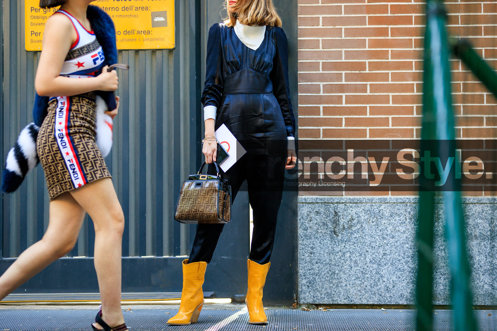 black jumpsuit, brown bag, fendi, graphic bag, high heels, leather bag, leather shoes, monogram, printed bag, trousers, yellow boots, street style, jonathan paciullo, FW, frenchystyle, fashion week, MFW, MILAN, SPRING SUMMER 2019, SS 19, atmosphere details, horizontal, detail