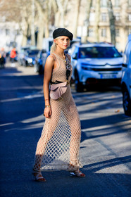 beret, black belt, black hat, caro daur, christian dior, fishnet, high heels, leather bag, leather belt, leather shoes, nude dress, nude sandals, pink bag, saddle bag, see through, PARIS, PFW, street style, jonathan paciullo, FW, frenchystyle, fashion week, AUTUMN WINTER 2019-2020, AW 19-20, FALL WINTER 2019-2020, FW 19-20, vertical, full length